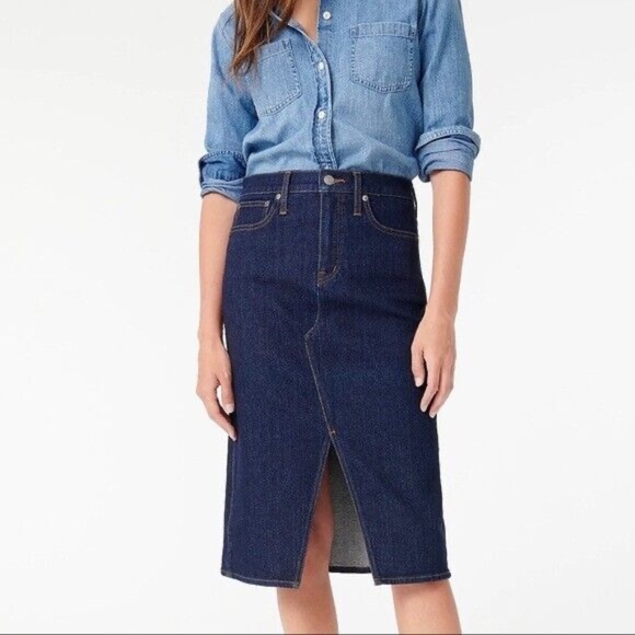 J. Crew Denim Jean Skirt - Midi, Front Slit,  Pencil, Dark Wash - Picture 1 of 13